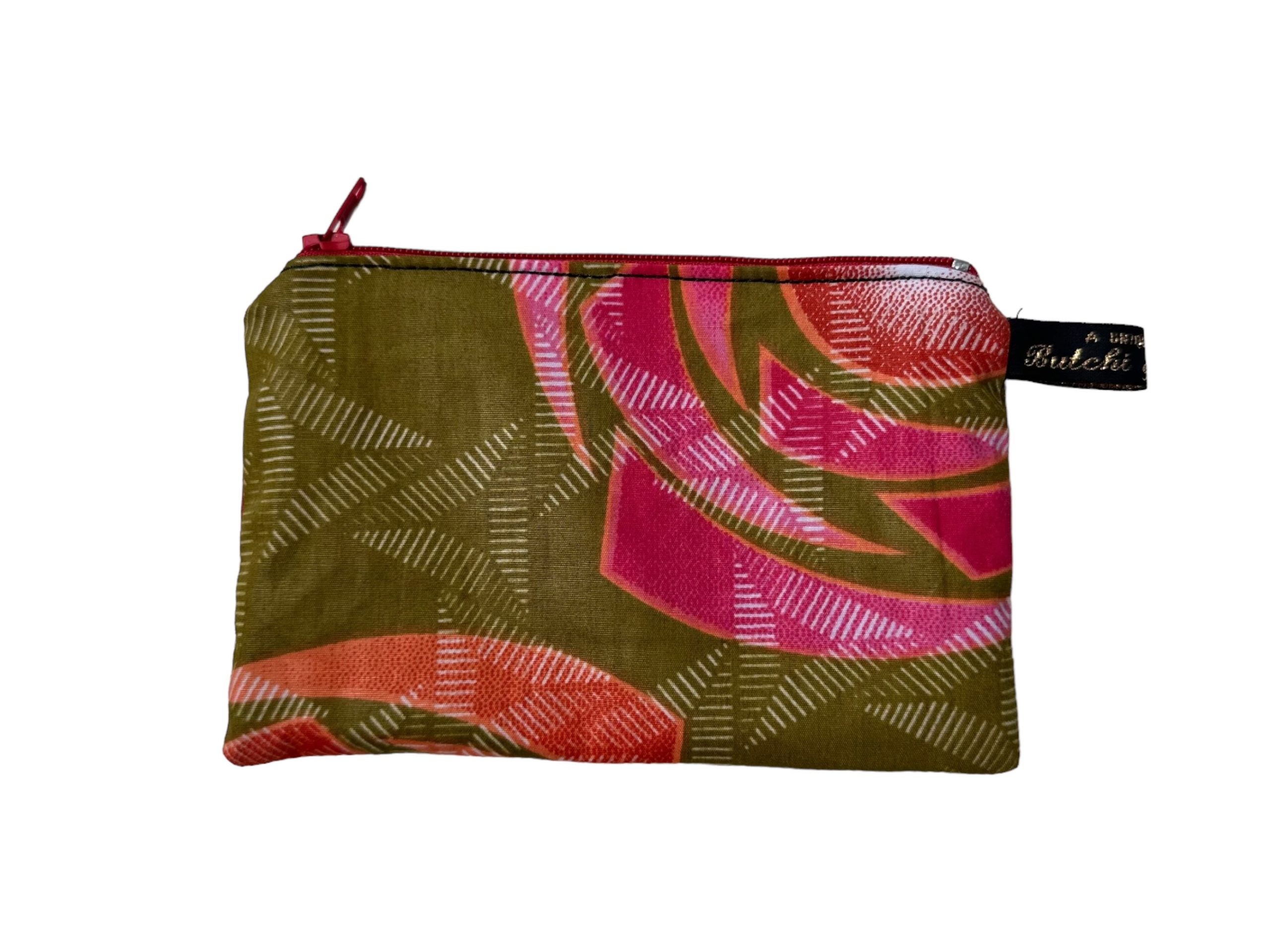 Olive Green ‘Klee’ pink rose print coin purse wallet