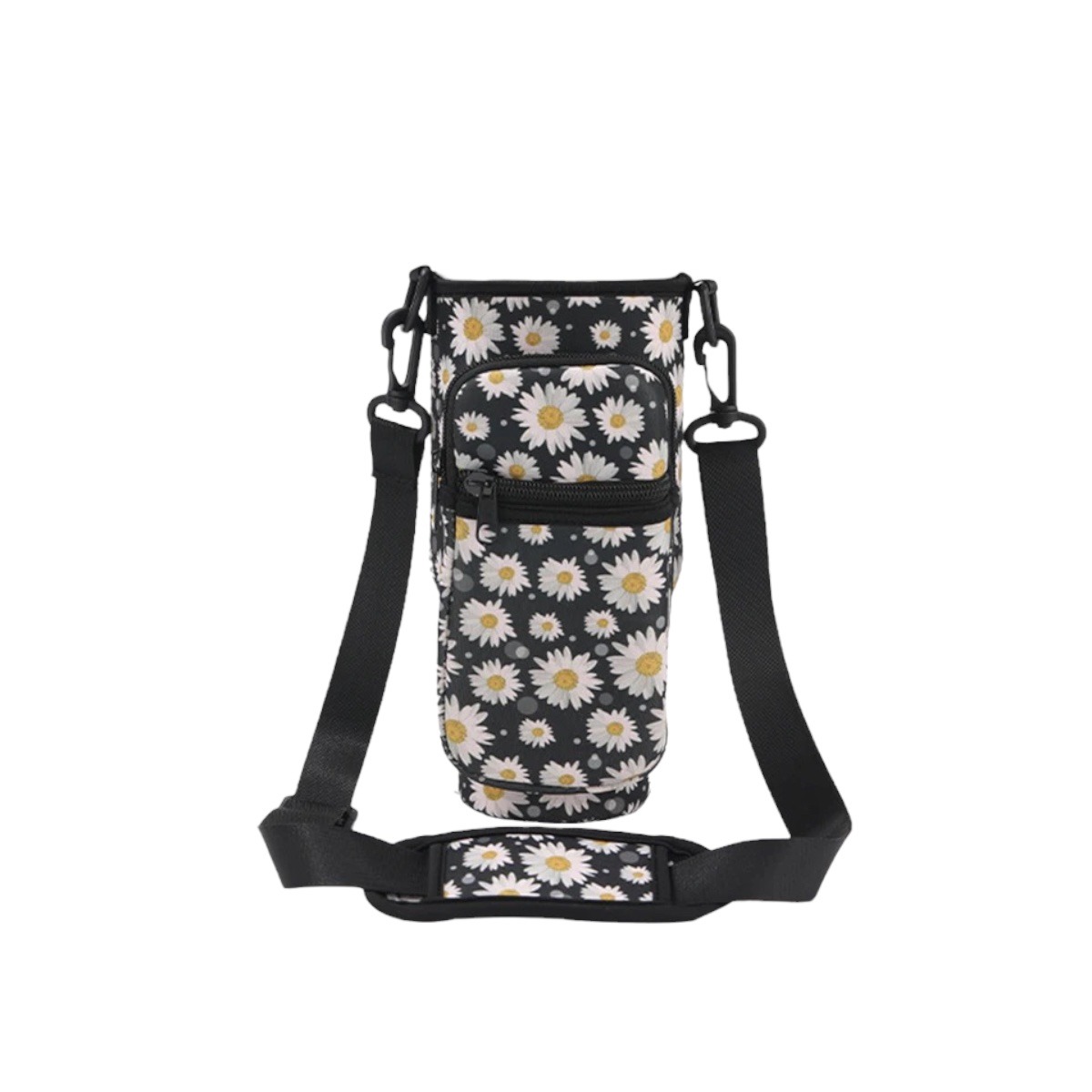Water bottle holder festival bag – black daisies
