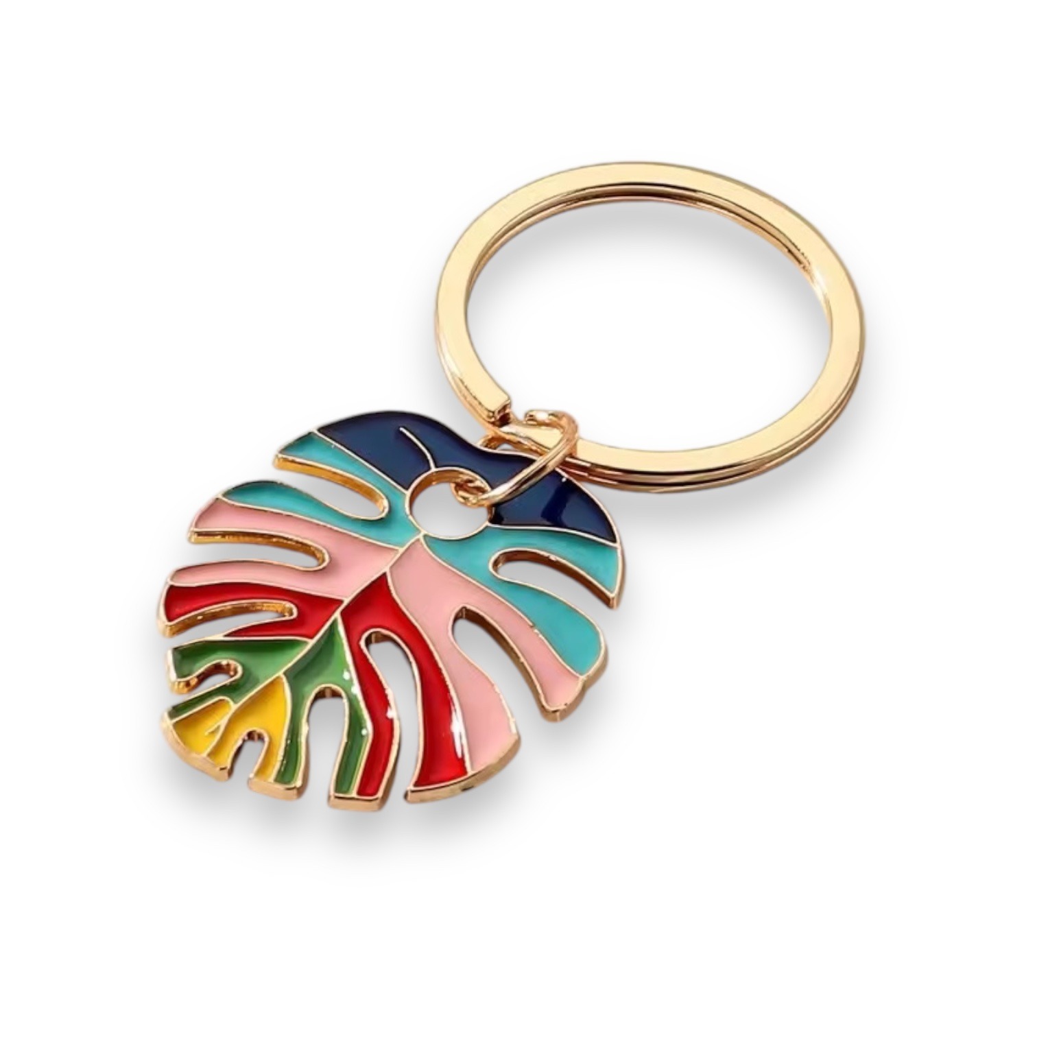 Monstera Leaf gold key ring in rainbow colours