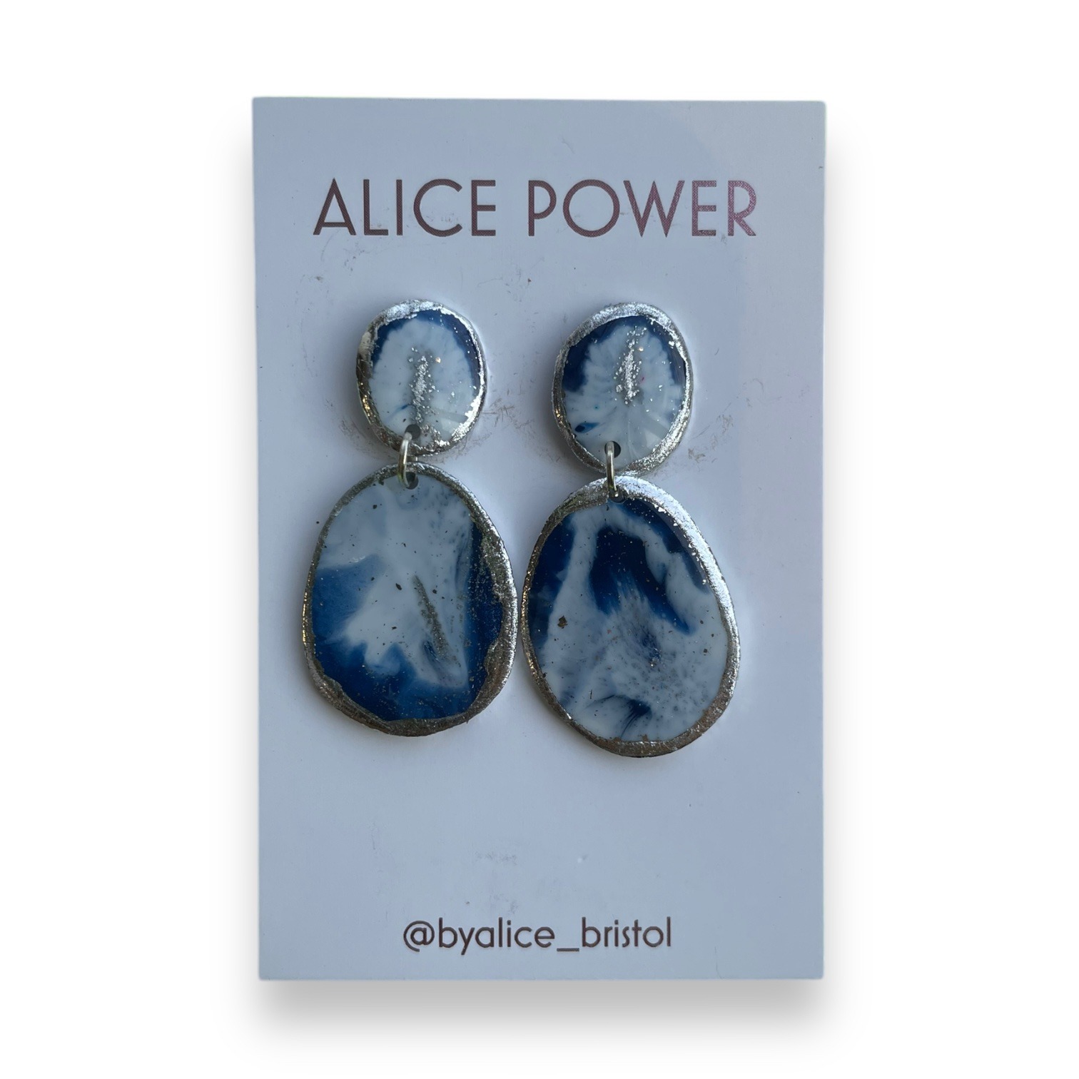 Handmade Resin Galaxy Blue & Silver Geode Earrings