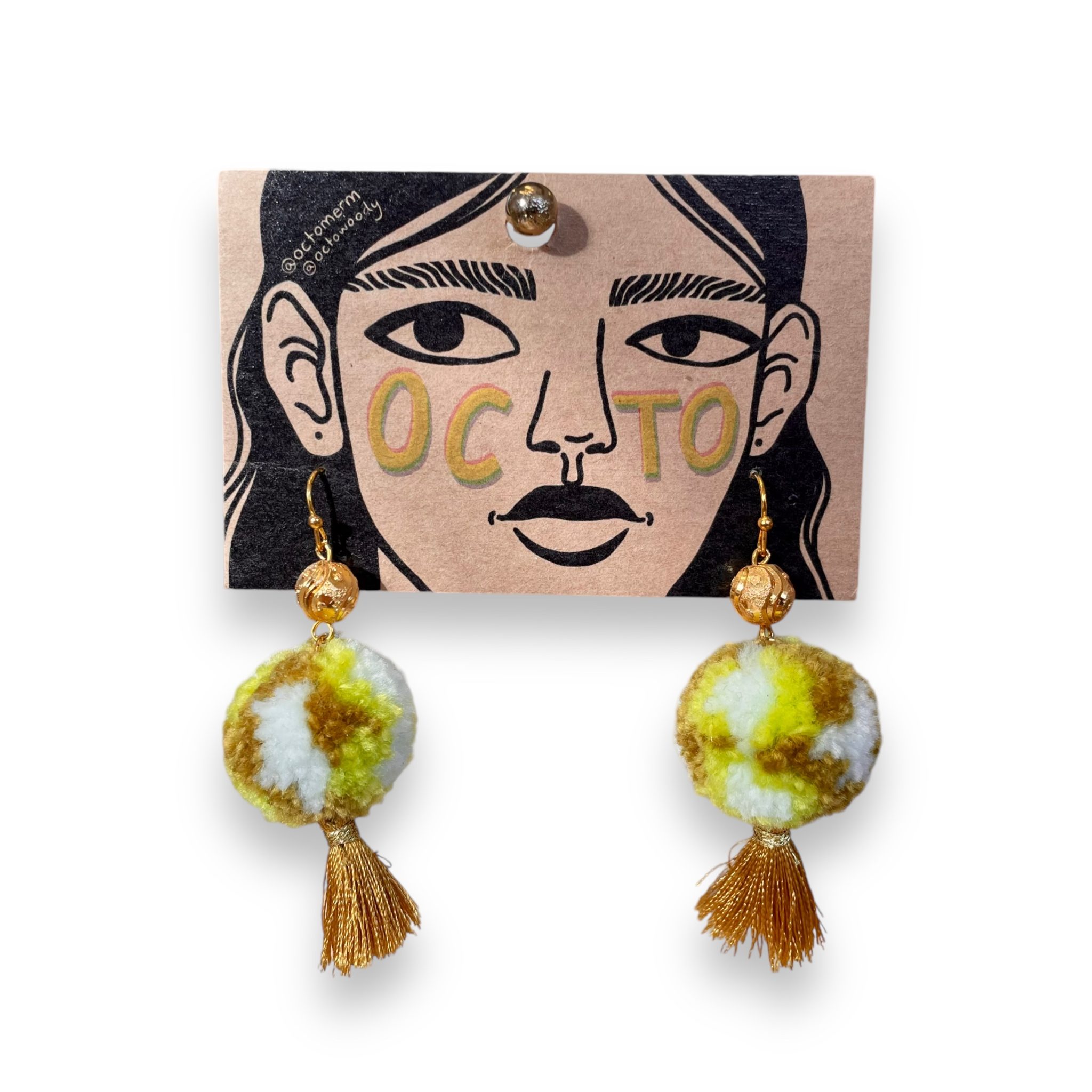 Green tone Pom Pom Earrings With gold hardware