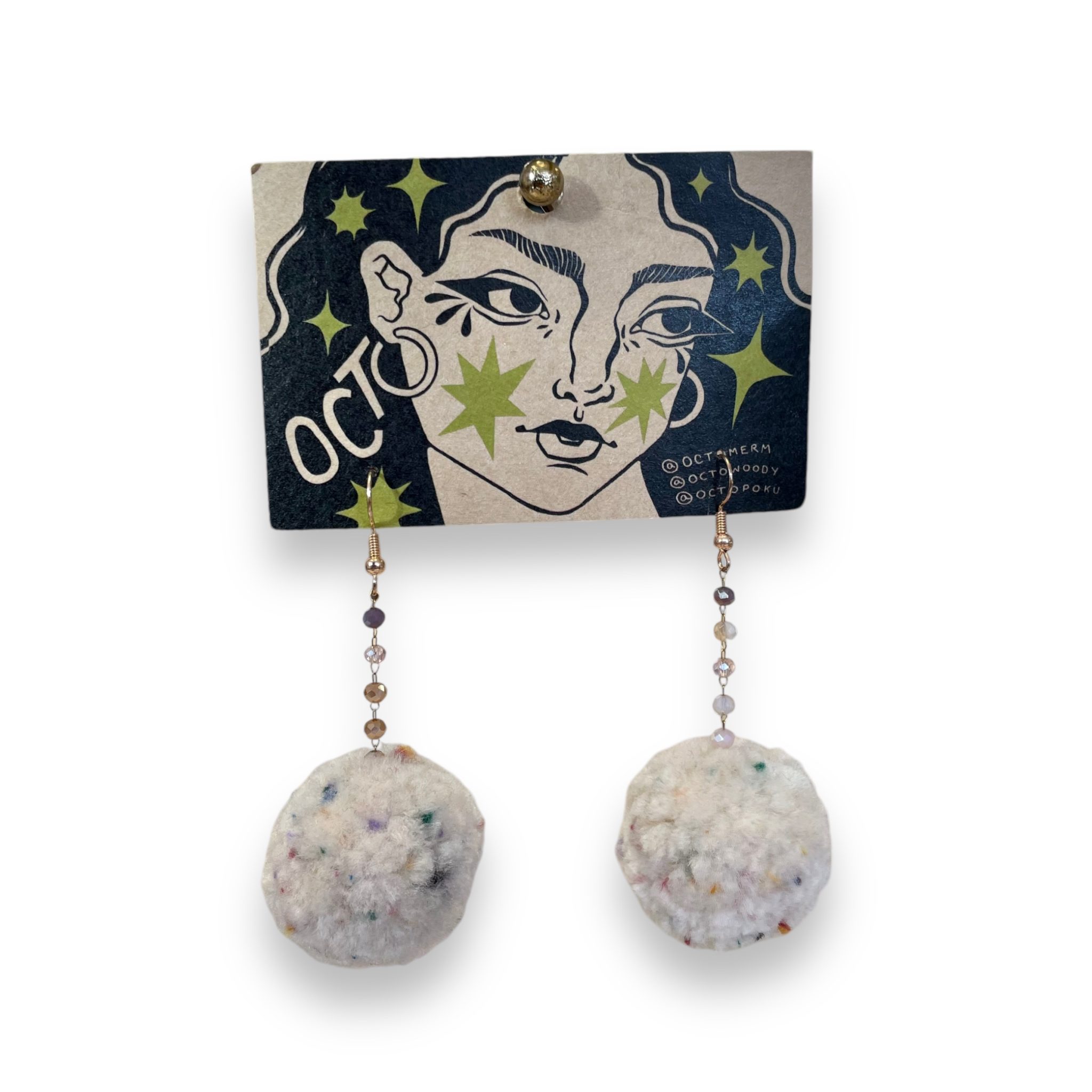 Cream Speckled Pom Pom Earrings With gold hardware