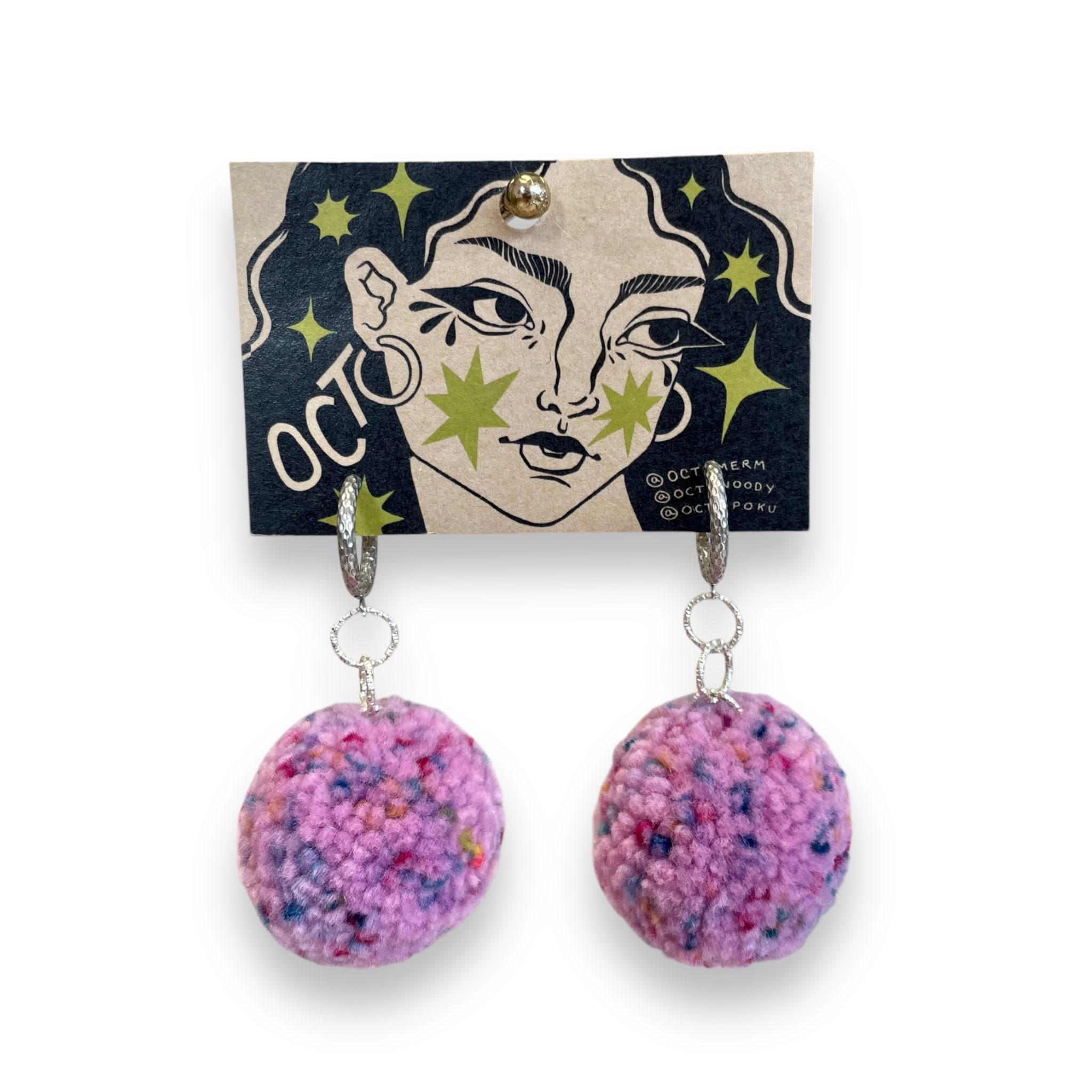 Pink Pom Pom Earrings With Silver hardware