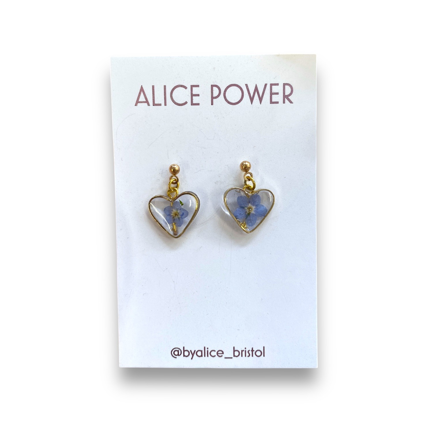 Gold Heart Earrings with Pressed Flowers