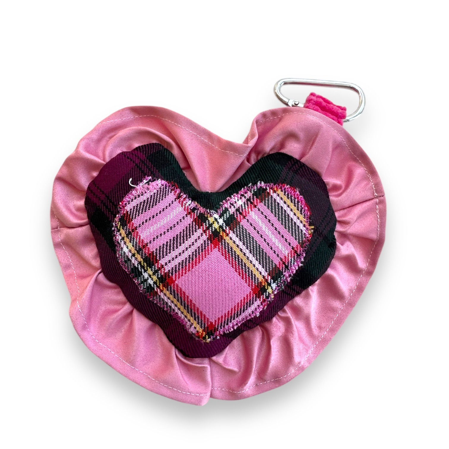 Plush pink check Heart Bag Charm Keyring