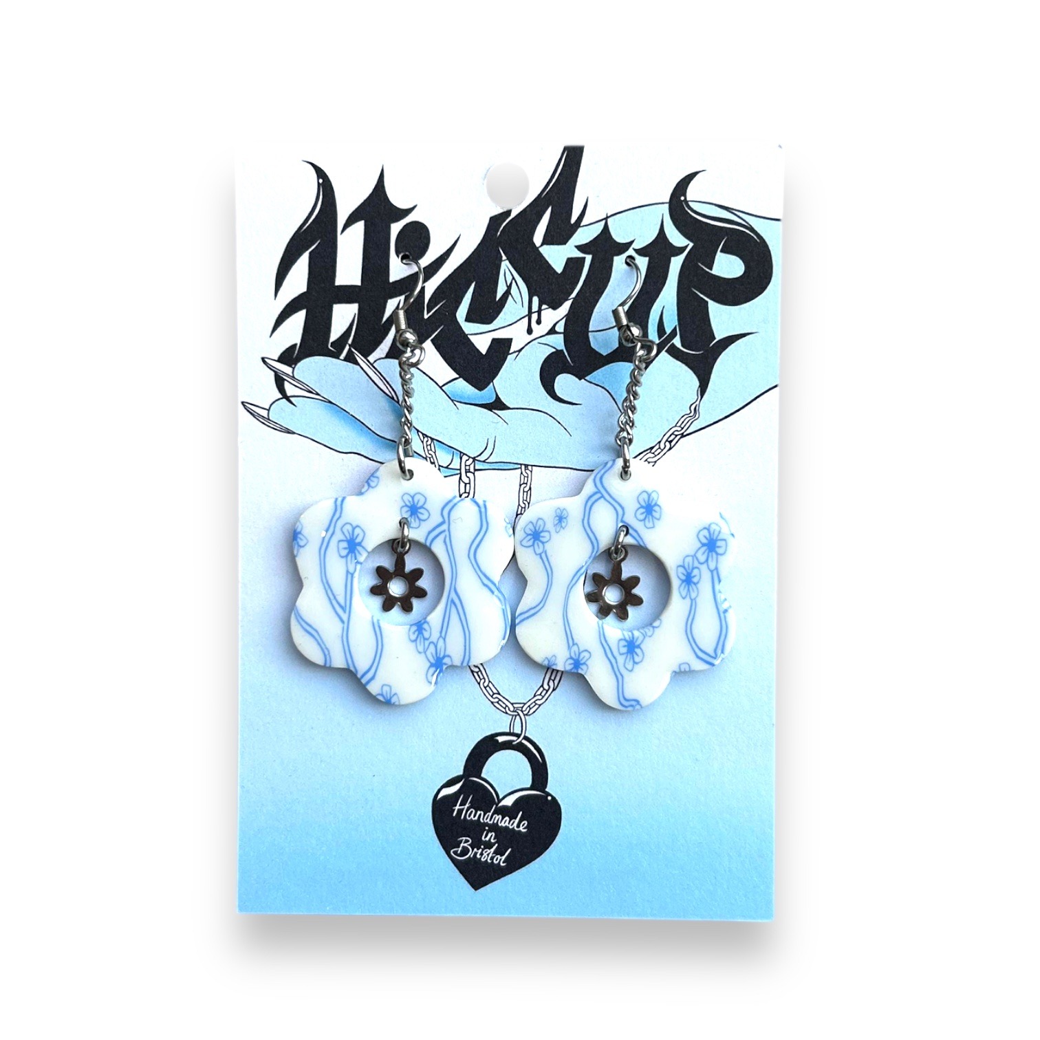 Blue flower Polymer Clay dangly Earrings