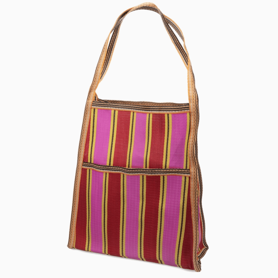 Hot pink and Red Striped recycled woven bag with side pocket