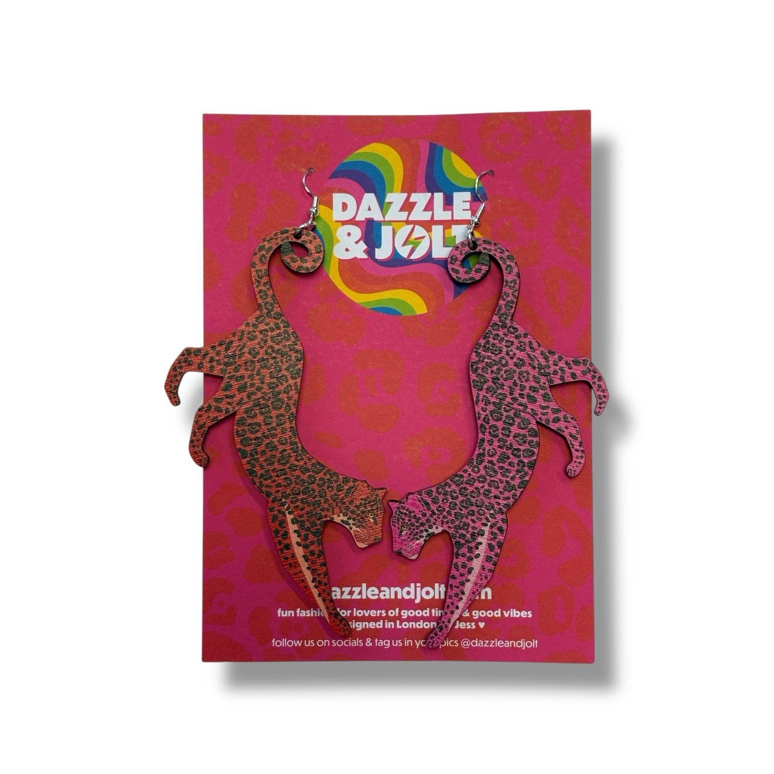Pink and Red Jaguar Print Wooden Earrings