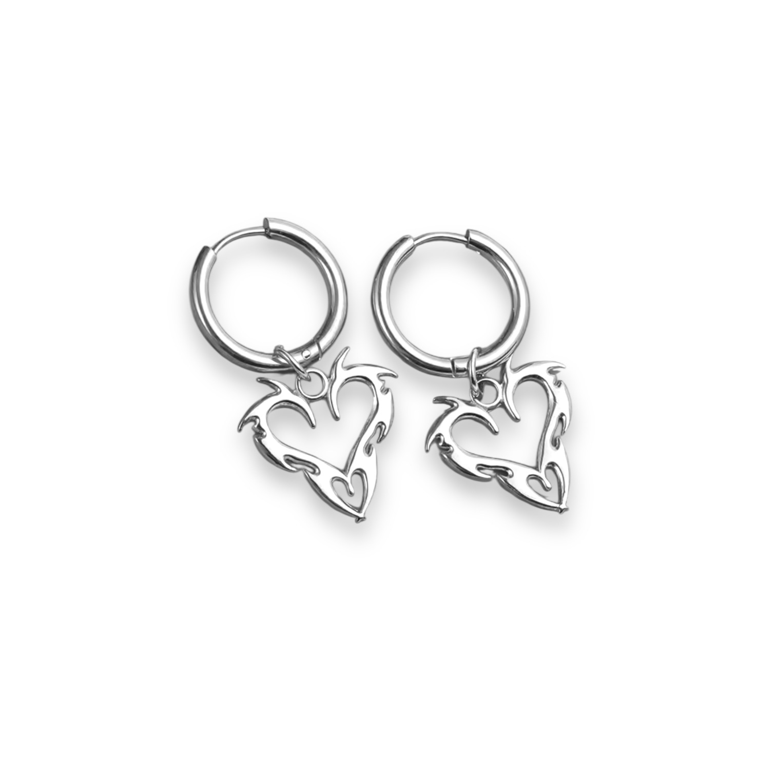 Gothic Flame Heart Hoops – Silver