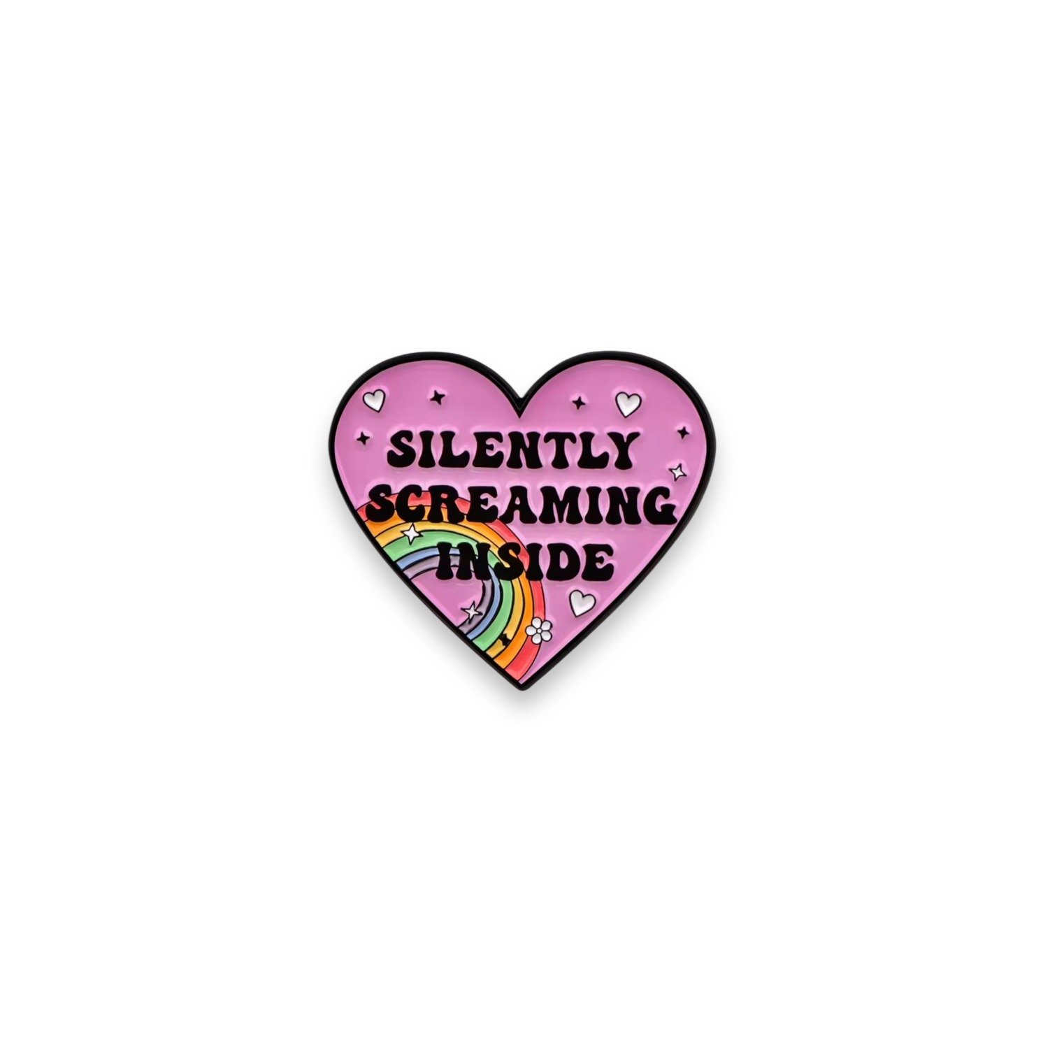 ‘Silently Screaming Inside’ pink heart enamel pin badge
