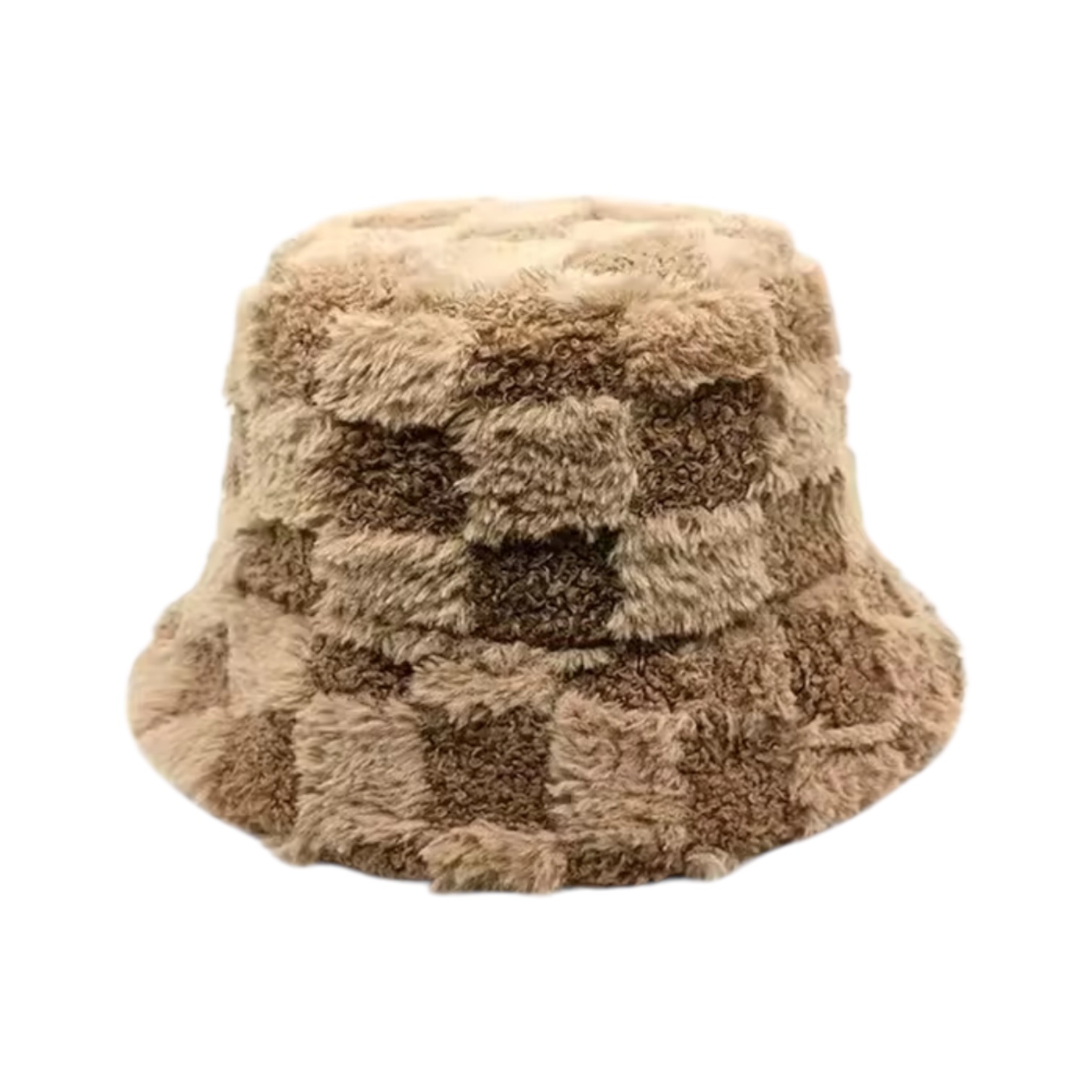 Checkered Brown Fluffy Bucket Hat