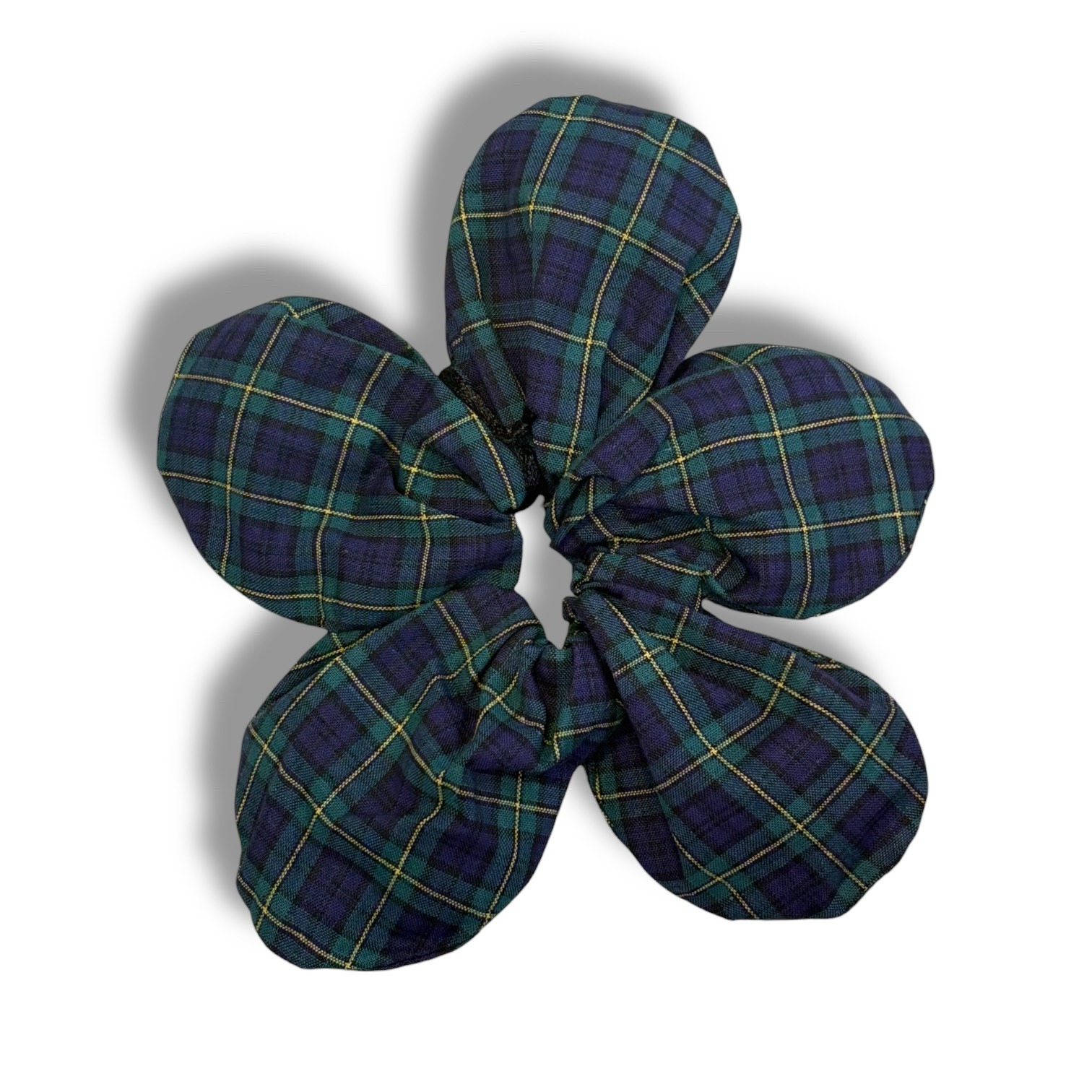 Large Green Plaid Print Flower Scrunchie